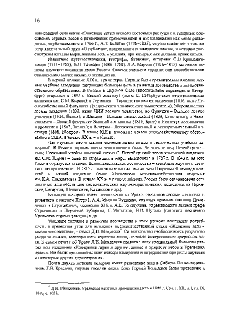 Большую историю имеет лесоводство на Урале, связанное своими истоками и развитием с именем Петра 1, A.A. Мусина-Пушкина, крупных промышленников Демидовых и Строгановых, лесоводов XIX в. А.Е. Теплоухова, управляющего лесами графа Строганова в Пермской губернии, Г. Мальгина, И.И. Шульца (главного лесничего Уральских горных заводов) и др.