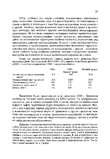 Шведские специалисты называют биомассу деревьев «зеленой нефтью Швеции» (1984), которая хотя и не стала еще самой нефтью, но может быть реальным ее заменителем. В шведском проекте «полного использования дерева» приведены технические и экономические возможности утилизации вершин, ветвей, хвои, пней н тонкомерных деревьев в качестве сырья для промышленности и топлива. В нем рассмотрены и связанные с этим экологические аспекты. Согласно проекту 25-40 млн м3 древесных остатков пней, корней в год может быть использовано в энергетических целях. Это реально может заменить 5 млн. т нефти.