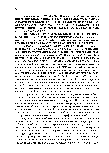 В напочвенном покрове теневыносливые растения (кислица, черника, зеленые мхи и др.) сменяются светолюбивыми, особенно злаками. Новые экологические условия изменяют жизнедеятельность микроорганизмов, появляются организмы, более приспособленные к этим условиям.