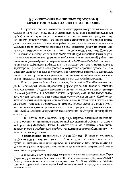 В некоторых районах Центральной, Западной и Юго-Восточной Европы используют комбинированные формы рубок для создания смешанных древостоев. Создание смешанных лесов не должно являться универсальным рецептом. На бедных почвах, например, еще долго будут создавать чистые сосновые, а не смешанные елово-сосновые леса. Комбинированные формы можно применять в случае ведения хозяйства в зеленых зонах вокруг городов, в некоторых категориях горных лесов и в виде отдельных вариантов даже в промышленных лесах (при реконструкции насаждений, необходимости ускоренного использования некоторых категорий лесов и т. д.).