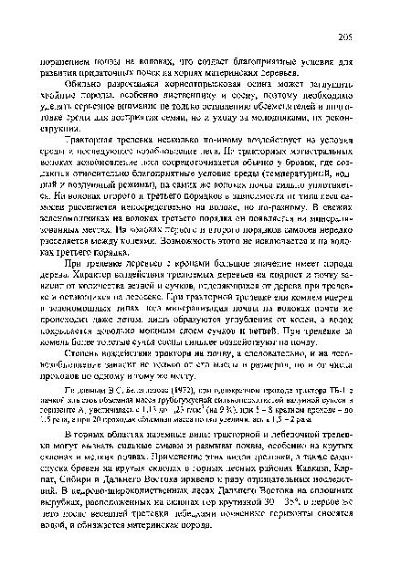 Тракторная трелевка несколько по-иному воздействует на условия среды и последующее возобновление леса. На тракторных магистральных волоках возобновление леса сосредоточивается обычно у бровок, где создаются относительно благоприятные условия среды (температурный, водный и воздушный режимы), на самих же волоках почва сильно уплотняется. На волоках второго и третьего порядков в зависимости от типа леса самосев расселяется непосредственно на волоке, но по-разному. В свежих зеленомошниках на волоках третьего порядка он появляется на минерализованных местах. На волоках первого и второго порядков самосев нередко расселяется между колеями. Возможность этого не исключается и на волоках третьего порядка.