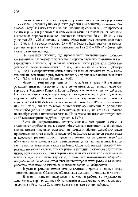 На северных склонах, где преобладают лиственничные, сосноволиственничные и сосновые древостой с хорошо развитым травяным и кустарниковым покровом, эрозионные процессы после рубки или слабо выражены и прекращаются через 5-8 лет, или вообще не возникают (Хутор-цов, 1958). В Азербайджане смыв почвы на южных склонах на 25 % больше, чем на северных; в результате сплошных рубок смыв почвы достигает 400 - 700 м3 с 1 га в год (Мамедов, 1960).