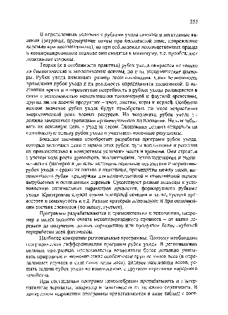 Теория (и в особенности практика) рубок ухода опирается не только на биологические и экологические основы, но и на экономические Факторы. Рубки ухода повышают размер лесопользования, ьама возможность проведения рубок ухода и их реальность определяются экономикой. В настоящее время и в перспективе потребность в рубках ухода расширяется в связи с возможностью использования тонкомерной и фаутной древесины, других видов лесной продукции - хвои, листвы, коры и корней. Особенно важное значение рубки ухода будут приобретать по мере возрастания энергетической роли лесных ресурсов. Но экономика рубок ухода не должна замыкаться границами промежуточного пользования. Нельзя забывать их основную цель - уход за лесом. Экономика должна опираться на комплексную оценку рубок ухода и учитывать конечные результаты.