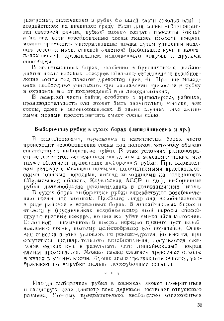 В сухих борах выборочные рубки способствуют возобновлению сосны под пологом. Наиболее легко она возобновляется в ряде районов в вересковых борах. В лишайниковых борах и отчасти в брусничниках возобновлению этой породы способствуют низовые пожары, но они же губят имеющийся молодняк. Сплошной лишайниковый покров нередко препятствует возобновлению сосны, поэтому целесообразно его поранение. Огневая очистка в этих условиях не рекомендуется, но иногда, при отсутствии предварительного возобновления, допускается сжигание мелких куч, в результате чего лишайниковый покров слегка прожигается. Можно также сжигать древесные отходы в кучах в зимнее время. Лучше всего производить очистку, разбрасывая по вырубке мелкие лесорубочные остатки.