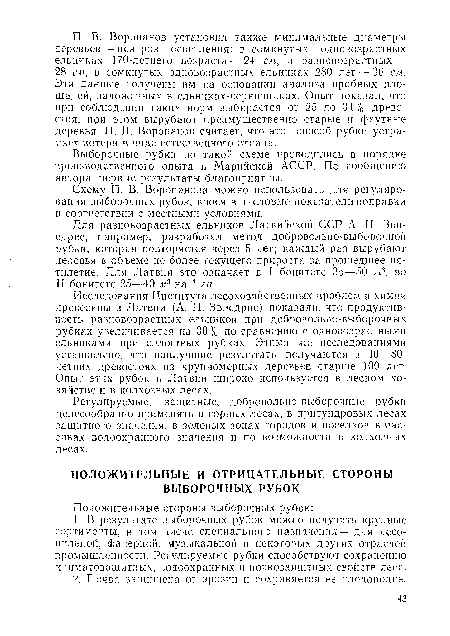 Исследования Института лесохозяйственных проблем и химии древесины в Латвии (А. И. Звиедрис) показали, что продуктивность разновозрастных ельников при добровольно-выборочных рубках увеличивается на 30% по сравнению с одновозрастными ельниками при сплошных рубках. Этими же исследованиями установлено, что наилучшие результаты получаются в 40—80-летних древостоях из крупномерных деревьев старше 100 лет. Опыт этих рубок в Латвии широко используется в лесном хозяйстве и в колхозных лесах.