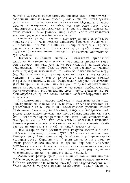 Индикаторная роль растительного покрова известна в ботанической и ласоводственной науке. Растительный покров развивается не в безвоздушном пространстве, а в определенных условиях среды. Отрицание этой роли означало бы отрицание связи растительного покрова со средой, отрицание единства организма и среды. И все же встречаются попытки недооценивать индикаторное значение растительного, в том числе напочвенного, покрова, отрицать его связь с почвой.