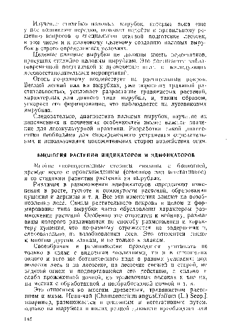 Многие лесоводственные стороны связаны с биологией, прежде всего с происхождением семейное или вегетативное) и со стадиями развития растений на вырубках.