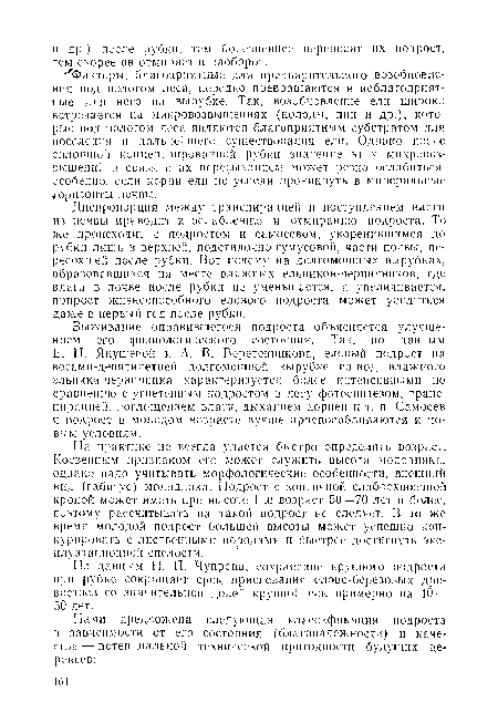 По данным Н. П. Чупрова, сохранение крупного подроста при рубке сокращает срок приспевания елово-березовых дре-вестоев со значительной доле] ! крупной ели примерно на 40— 50 лет.