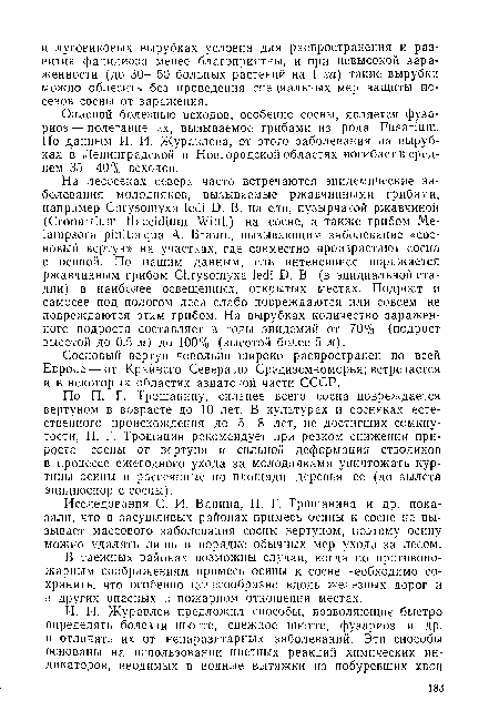 Опасной болезнью всходов, особенно сосны, является фуза-риоз — полегание их, вызываемое грибами из рода Fusarium. По данным И. И. Журавлева, от этого заболевания па вырубках в Ленинградской и Новгородской областях погибает в среднем 35—40% всходов.