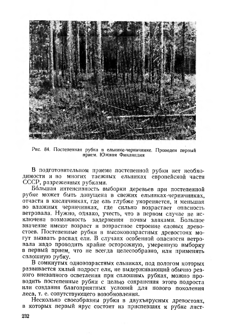 В сомкнутых одновозрастных ельниках, под пологом которых развивается хилый подрост ели, не выдерживающий обычно резкого внезапного осветления при сплошных рубках, можно проводить постепенные рубки с целью сохранения этого подроста или создания благоприятных условий для нового поколения леса, т. е. сопутствующего возобновления.