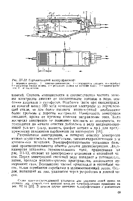 Разработаны конструкции, в которых очистку электронов можно осуществлять механическим, пневмо-гидравлическим или эрозионным методами. Электрофлотационные установки большой производительности обычно делают двухкамерными. Двухкамерная установка горизонтального типа, приведенная на рис. III-13, состоит из электродного отделения и отстойной части. Перед электродной системой вода попадает в успокоитель, затем, проходя межэлектродное пространство, насыщается пузырьками газа. Всплывание частиц происходит в отстойной части, шлам сгребается скребками в шла моотводящий лоток. Осадок, выпавший на дно, удаляется через устройство в донной части.