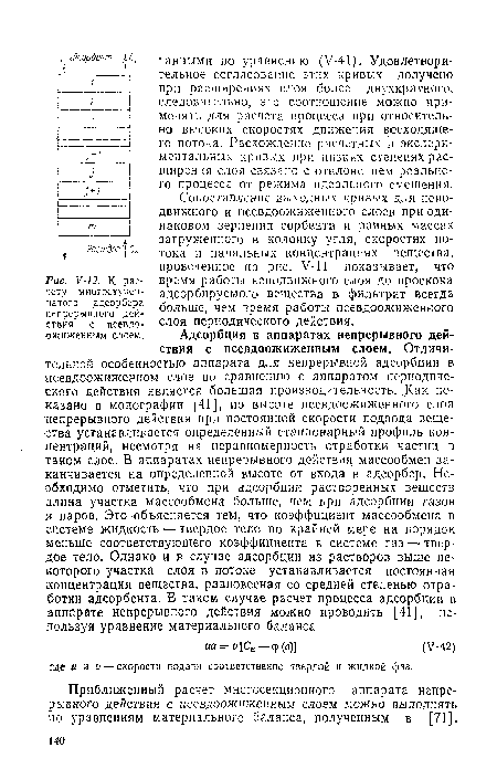 Сопоставление выходных кривых для неподвижного и псевдоожиженного слоев при одинаковом зернении сорбента и равных массах загруженного в колонку угля, скоростях потока и начальных концентрациях вещества, проведенное на рис. У-11 показывает, что время работы неподвижного слоя до проскока адсорбируемого вещества в фильтрат всегда больше, чем время работы псевдоожиженного слоя периодического действия.