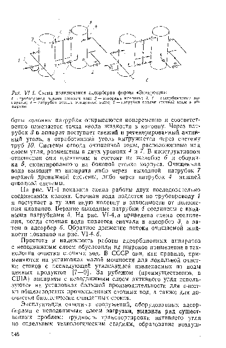 Простота и надежность работы адсорбционных аппаратов с неподвижным слоем обусловили их широкое применение в технологии очистки сточных вод. В СССР они, как правило, применяются на установках малой мощности для локальной очистки стоков с последующей утилизацией извлекаемых из воды ценных продуктов [7—9]. За рубежом (преимущественно, в США) аппараты с неподвижным слоем активного угля используются на установках большой производительности для очистки общезаводских промышленных сточных вод, а также для доочистки биологически очищенных стоков.