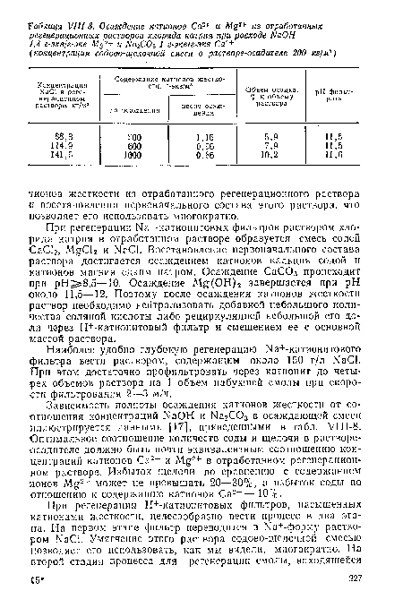 Наиболее удобно глубокую регенерацию Ыа+-катионитового фильт.ра вести раствором, содержащим около 150 г/л ЫаС1. При этом достаточно профильтровать через катионит до четырех объемов раствора на 1 объем набухшей смолы при скорости фильтрования 2—3 м/ч.