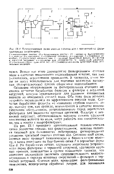 Основным оборудованием на фильтровальных станциях являются сетчатые барабанные фильтры и фильтры с зернистой загрузкой, которые предназначены для удаления взвешенных веществ из очищаемой сточной воды. Оба типа фильтрующих устройств неравноценны по эффективности очистки воды. Сетчатые барабанные фильтры не позволяют глубоко очищать воду, поэтому они, как правило, используются в качестве вспомогательного оборудования, устанавливаемого перед зернистыми фильтрами для выделения крупных примесей. Фильтры с зернистой загрузкой, обеспечивающие высокую степень удаления взвешенных веществ из воды, могут работать как самостоятельно, так и вместе с микрофильтрами.