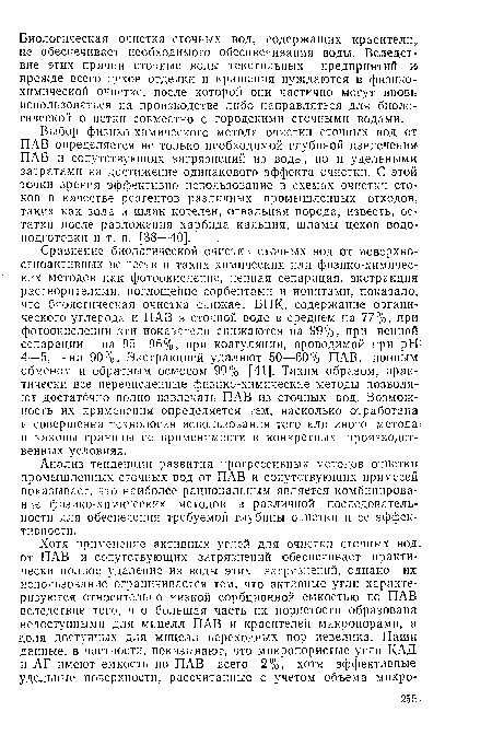 Сравнение биологической очистки сточных вод от ловерхно-стноактнвных веществ и таких химических или физико-химических методов как фотоокисление, пенная сепарация, экстракция растворителями, поглощение сорбентами и ионитами, показало, что биологическая очистка снижает ВПК, содержание органического углерода и ПАВ в сточной воде в среднем на 77%, при фотоокислении эти показатели снижаются на 99%, при пенной сепарации — на 95—96%, при коагуляции, проводимой при pH’ 4—5, —на 90%. Экстракцией удаляют 50—60% ПАВ, ионным обменом и обратным осмосом 99% [41]. Таким образом, практически все перечисленные физико-химические методы позволяют достаточно полно извлекать ПАВ из сточных вод. Возможность их применения определяется тем, насколько отработана и совершенна технология использования того или иного метода: и каковы границы ее применимости в конкретных производственных условиях.