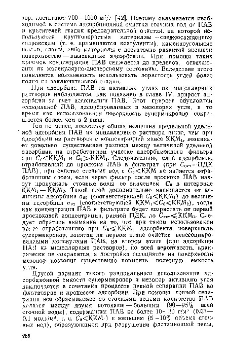 При адсорбции ПАВ на активных углях из мицеллярных растворов наблюдается, как показано в главе IV, прирост адсорбции за счет ассоциации ПАВ. Этот прирост обусловлен ассоциацией ПАВ, адсорбированных в мезопорах угля, в то время как использованная поверхность супермикропор сокращается более, чем в 2 раза.