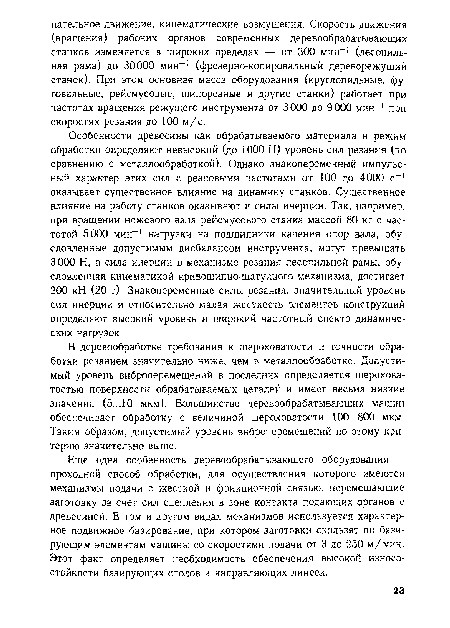 В деревообработке требования к шероховатости и точности обработки резанием значительно ниже, чем в металлообработке. Допустимый уровень виброперемещений в последних определяется шероховатостью поверхности обрабатываемых деталей и имеет весьма низкие значения (5...10 мкм). Большинство деревообрабатывающих машин обеспечивает обработку с величиной шероховатости 100...800 мкм. Таким образом, допустимый уровень виброперемещений по этому критерию значительно выше.