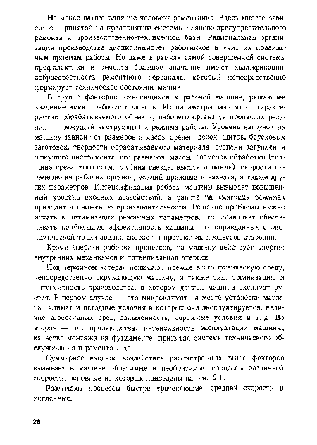 В группе факторов, относящихся к рабочей машине, решающее значение имеют рабочие процессы. Их параметры зависят от характеристик обрабатываемого объекта, рабочего органа (в процессах резания — режущий инструмент) и режима работы. Уровень нагрузок на машину зависит от размеров и массы бревен, досок, щитов, брусковых заготовок, твердости обрабатываемого материала, степени затупления режущего инструмента, его размеров, массы, размеров обработки (толщина срезаемого слоя, глубина гнезда, высота пропила), скорости перемещения рабочих органов, усилий прижима и захвата, а также других параметров. Интенсификация работы машины вызывает повышенный уровень входных воздействий, а работа на «.мягких» режимах приводит к снижению производительности. Решение проблемы нужно искать в оптимизации режимных параметров, что позволяет обеспечивать наибольшую эффективность машины при оправданных с экономической точки зрения скоростях протекания процессов старения.