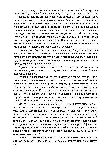 Примерами параллельных систем являются энергетические системы из электрических машин, работающих на общую сеть; двойная или тройная система тормозов автотранспорта; в ответственных узлах трения машин применяют двойную систему смазки, двойные или тройные уплотнения. К параллельным системам можно отнести и клиноременную передачу (при наличии нескольких клиновых ремней в случае, когда и один ремень может обеспечить передачу необходимой мощности), и системы с резервированием.