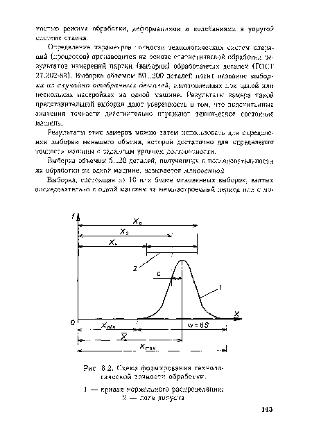 Определение параметров точности технологических систем операций (процессов) производится на основе статистической обработки результатов измерений партии (выборки) обработанных деталей (ГОСТ 27.202-83). Выборка объемом 50...200 деталей носит название выборки из случайно отобранных деталей, изготовленных при одной или нескольких настройках на одной машине. Результаты замера такой представительной выборки дают уверенность в том, что подсчитанные значения точности действительно отражают техническое состояние машины.