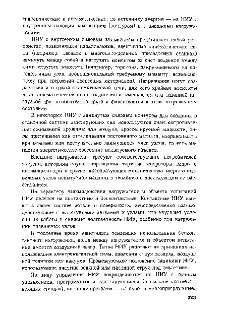 НИУ с внутренним силовым замыканием представляет собой устройство, позволяющее параллельные, идентичные кинематические цепи (например, насадок в многошпиндельных присадочных станках) замкнуть между собой и нагрузить моментом за счет введения между ними упругого элемента (например, торсиона, закручиваемого на определенный угол, пропорциональный требуемому моменту, возникающему при сверлении древесных материалов). Напряжения могут создаваться и в одной кинематической цепи, для чего крайние элементы этой кинематической цепи соединяются, смещаются под заданной нагрузкой друг относительно друга и фиксируются в этом напряженном состоянии.