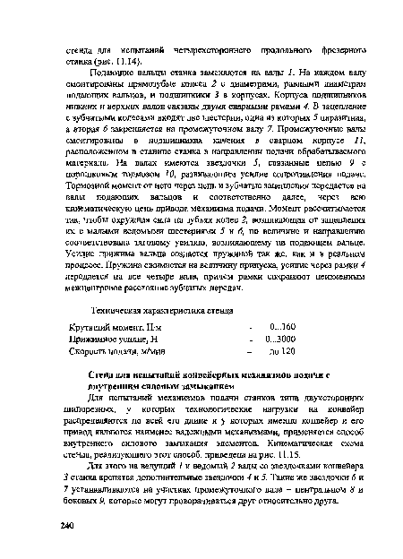 Для испытаний механизмов подачи станков типа двухсторонних шипорезных, у которых технологические нагрузки на конвейер распределяются по всей его длине и у которых именно конвейер и его привод являются наименее надежными механизмами, применяется способ внутреннего силового замыкания элементов. Кинематическая схема стенда, реализующего этот способ, приведена на рис. 11.15.