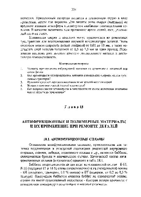 Основными антифрикционными сплавами, применяемыми для заливки подшипников и вкладышей скольжения двигателей внутреннего сгорания, станков, лебедок, подвижного состава и др., являются баббиты, свинцовистые бронзы и алюминиевые сплавы. Химический состав антифрикционных сплавов (в процентах) приведен в табл. 18.1.