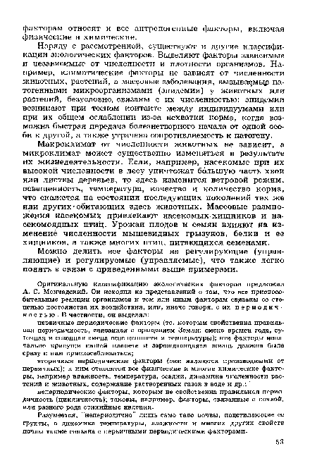 Макроклимат от численности животных не зависит, а микроклимат может существенно изменяться в результате их жизнедеятельности. Если, например, насекомые при их высокой численности в лесу уничтожат большую часть хвои или листвы деревьев, то здесь изменится ветровой режим, освещенность, температура, качество и количество корма, что скажется на состоянии последующих поколений тех же или других - обитающих здесь животных. Массовые размножения насекомых привлекают насекомых-хищников и насекомоядных птиц. Урожаи плодов и семян влияют на изменение численности мышевидных грызунов, белки и ее хищников, а также многих птиц, питающихся семенами.