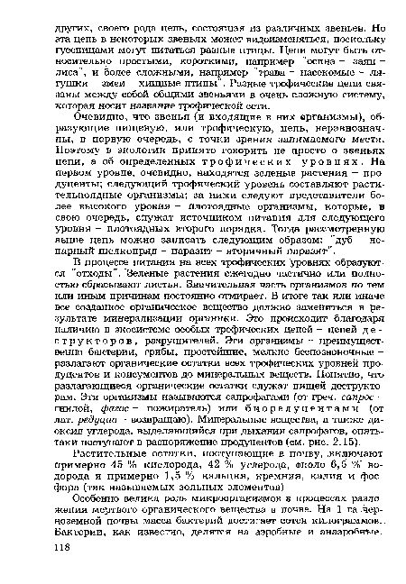 Очевидно, что звенья (и входящие в них ерганизмы), образующие пищевую, или трофическую, цепь, неравнозначны, в первую очередь, с точки зрения занимаемого места. Поэтому в экологии принято говорить не просто о звеньях цепи, а об определенных трофических уровнях. На первом уровне, очевидно, находятся зеленые растения - продуценты; следующий трофический уровень составляют растительноядные организмы; за ними следуют представители более высокого уровня — плотоядные организмы, которые, в свою очередь, служат источником питания для следующего уровня - плотоядных второго порядка. Тогда рассмотренную выше цепь можно записать следующим образом: "дуб — непарный шелкопряд - паразит - вторичный паразит".