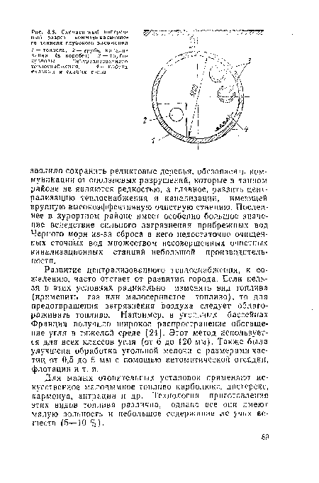 Развитие централизованного теплоснабжения, к сожалению, часто отстает от развития города. Если нельзя в этих условиях радикально изменять вид топлива (применить газ или малосернистое топливо), то для предотвращения загрязнения воздуха следует облагораживать топливо. Например, в угольных бассейнах Франции получило широкое распространение обогащение угля в тяжелой среде [24]. Этот метод используется для всех классов угля (от 6 до 120 мм). Также была улучшена обработка угольной мелочи с размерами частиц от 0,5 до б мм с помощью автоматической отсадки, флотации и т. п.