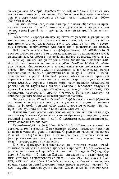 Деятельность почвенных микроорганизмов, их активность и распространение зависят от многих факторов: от кислотности почв, ее влажности, теплового режима, характера растительности и др.