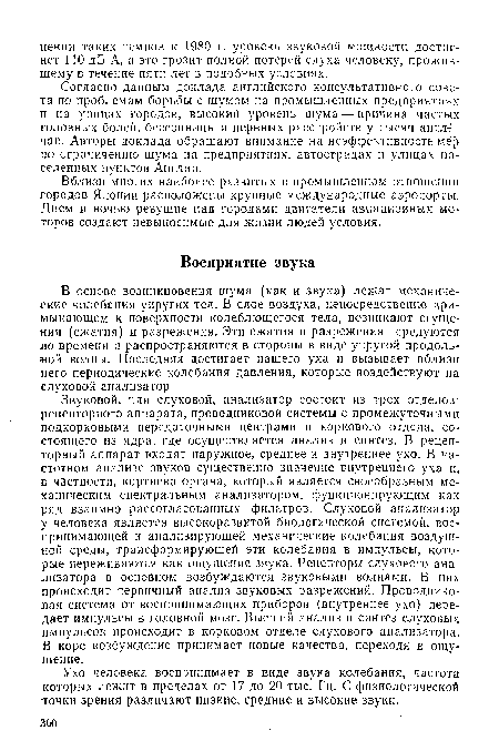 Согласно данным доклада английского консультативного совета по проблемам борьбы с шумом на промышленных предприятиях и на улицах городов, высокий уровень шума — причина частых головных болей, бессонницы и нервных расстройств у тысяч англ-чан. Авторы доклада обращают внимание на неэффективность ме р по ограничению шума на предприятиях, автострадах и улицах населенных пунктов Англии.