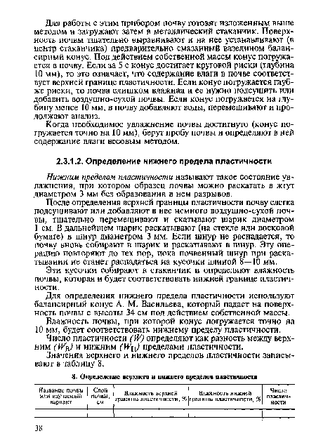 Для определения нижнего предела пластичности используют балансирный конус А. М. Васильева, который падает на поверхность почвы с высоты 34 см под действием собственной массы.