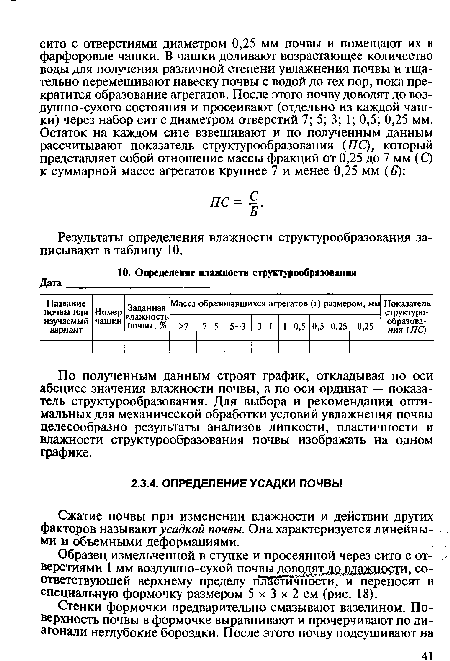 Образец измельченной в ступке и просеянной через сито с отверстиями 1 мм воздушно-сухой почвы доводят до влажности, соответствующей верхнему пределу пЖ чности, и переносят в специальную формочку размером 5 х 3 х 2 см (рис. 18).