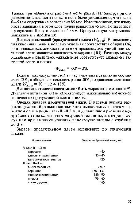 Оценка запасов продуктивной влаги. В первый период развития растений решающее значение имеют запасы влаги в пахотном слое мощностью 0—0,2 м, в дальнейшем растения потребляют ее из слоя почвы метровой толщины, а в период засух или при высоких урожаях используют запасы с глубины до 2 м.