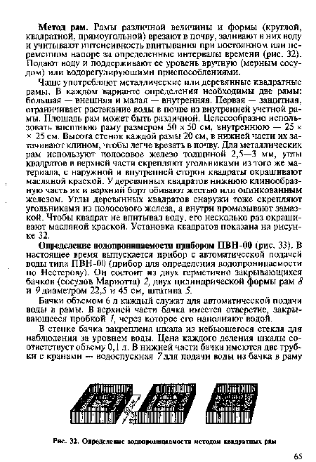 Чаще употребляют металлические или деревянные квадратные рамы. В каждом варианте определения необходимы две рамы: большая — внешняя и малая — внутренняя. Первая — защитная, ограничивает растекание воды в почве из внутренней учетной рамы. Площадь рам может быть различной. Целесообразно использовать внешнюю раму размером 50 х 50 см, внутреннюю — 25 х х 25 см. Высота стенок каждой рамы 20 см, в нижней части их затачивают клином, чтобы легче врезать в почву. Для металлических рам используют полосовое железо толщиной 2,5—3 мм, углы квадратов в верхней части скрепляют угольниками из того же материала, с наружной и внутренней сторон квадраты окрашивают масляной краской. У деревянных квадратов нижнюю клинообразную часть их и верхний борт обивают жестью или оцинкованным железом. Углы деревянных квадратов снаружи тоже скрепляют угольниками из полосового железа, а внутри промазывают замазкой. Чтобы квадрат не впитывал воду, его несколько раз окрашивают масляной краской. Установка квадратов показана на рисунке 32.