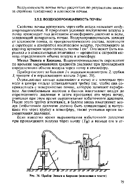 Свойство почвы пропускать через себя воздух называют воздухопроницаемостью. В природных условиях поступление воздуха в почву происходит под действием атмосферного давления и воды, заливающей поверхность почвы. Воздухопроницаемость зависит от влажности почвы, ее гранулометрического состава, плотности и структуры и измеряется количеством воздуха, протекающего за единицу времени через площадь почвы 1 см . Она может быть выражена и в относительных величинах — процентах к скорости выхода определенного объема воздуха в атмосферу.