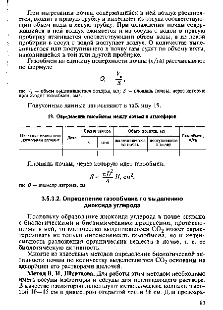 Поскольку образование диоксида углерода в почве связано с биологическими и биохимическими процессами, протекающими в ней, то количество выделившегося СО2 может характеризовать не только интенсивность газообмена, но и интенсивность разложения органических веществ в почве, т. е. ее биологическую активность.