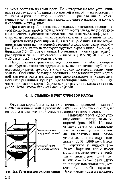 Недостатками бурового метода, особенно при работе квадратными бурами, являются трудоемкость, недостаточная глубина извлечения корней, трудность учета корней по генетическим горизонтам. Особенно большую сложность представляет учет корневой системы этим методом при широкорядном и квадратном посевах пропашных культур. Удовлетворительные данные получают при взятии корней буром вокруг растения, когда скважины располагают концентрическими кругами.