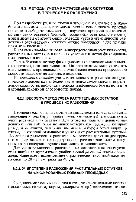 Периодически с начала осени до конца весны или с начала лета следующего года берут пробы почвы (монолиты) для отмывки и учета растительных остатков. Для этого на поле или делянке полевого опыта выбирают не менее четырех площадок, на которых методом монолита, рамочной выемки или буром берут почву по слоям, из которой отмывают и учитывают растительные остатки. По степени разложения растительные остатки делят на две группы: подвергшиеся и не подвергшиеся разложению, затем высушивают до воздушно-сухого состояния и взвешивают.