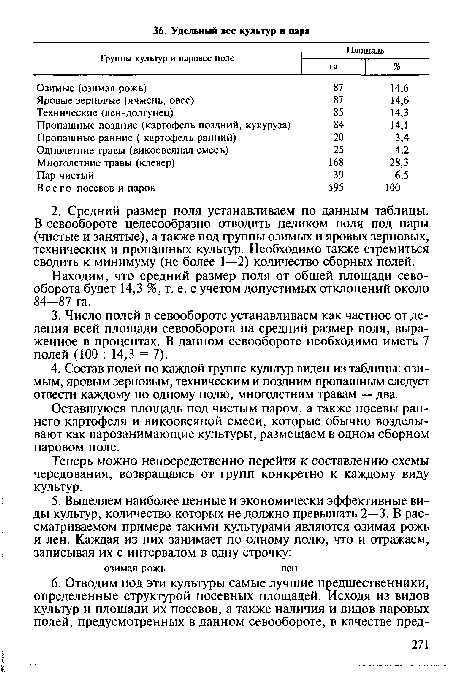 Находим, что средний размер поля от общей площади севооборота будет 14,3 %, т. е. с учетом допустимых отклонений около 84-87 га.