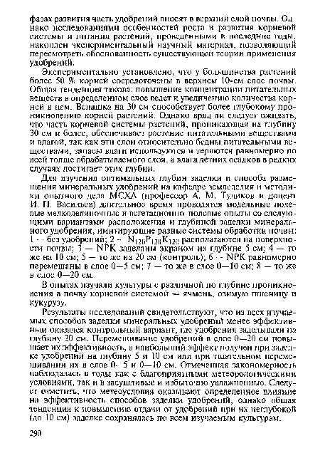 В опытах изучали культуры с различной по глубине проникновения в почву корневой системой — ячмень, озимую пшеницу и кукурузу.