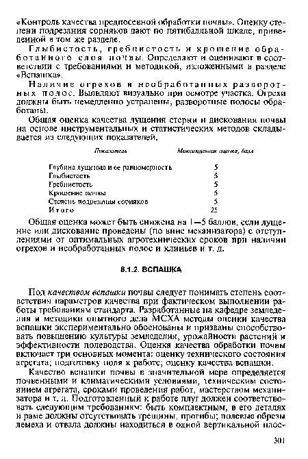 Под качеством вспашки почвы следует понимать степень соответствия параметров качества при фактическом выполнении работы требованиям стандарта. Разработанные на кафедре земледелия и методики опытного дела МСХА методы оценки качества вспашки экспериментально обоснованы и призваны способствовать повышению культуры земледелия, урожайности растений и эффективности полеводства. Оценка качества обработки почвы включает три основных момента: оценку технического состояния агрегата; подготовку поля к работе; оценку качества вспашки.