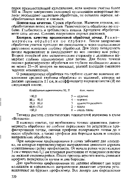 При поперечном профилировании в почву забивают два колышка, на которые перпендикулярно направлению движения агрегата устанавливают рейку профилемера. От начала рейки через каждые 5 см с точностью 0,1 см измеряют расстояние от поверхности почвы до нижней стороны рейки. После прохода агрегата вновь снимают профиль поверхности почвы и дна борозды.