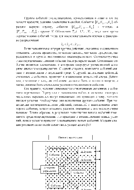 Если выполняемые внутри группы действия, связанные с одиночным событием, назвать процессом, то можно сказать, что часть процессов, определенных в группе, выполняются квазипараллельно. Соответствующее этим определениям понятие события было раскрыто выше. Собственно события являются элементами, с которыми оперирует управляющий алгоритм системы моделирования. С одной стороны, появление событий связано с изменениями в модельной среде. С другой, исполнение действий, связанных с событием, приводит к изменениям модельной среды. Действия, связанные с каждым событием, должны быть описаны в модели, а также должны быть составлены условия возникновения события.