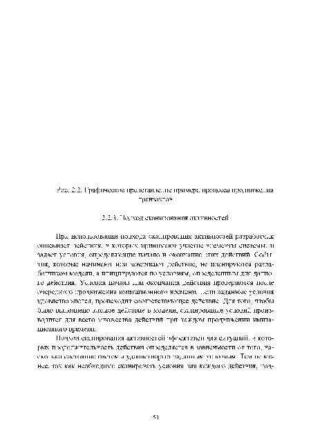 При использовании подхода сканирования активностей разработчик описывает действия, в которых принимают участие элементы системы, и задает условия, определяющие начало и окончание этих действий. События, которые начинают или завершают действие, не планируются разработчиком модели, а инициируются по условиям, определенным для данного действия. Условия начала или окончания действия проверяются после очередного продвижения имитационного времени. Если заданные условия удовлетворяются, происходит соответствующее действие. Для того, чтобы было выполнено каждое действие в модели, сканирование условий производится для всего множества действий при каждом продвижении имитационного времени.