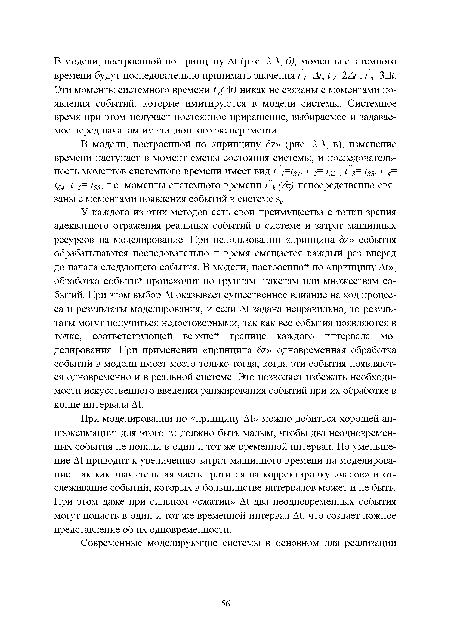 В модели, построенной по «принципу ё>2» (рис. 2.3, в), изменение времени наступает в момент смены состояния системы, и последовательность моментов системного времени имеет вид Г /=%/, ? 2= ¿ж , ? з= Ьз, ? 4= 4, ? з= 5, т.е. моменты системного времени Г к( ) непосредственно связаны с моментами появления событий в системе в;.