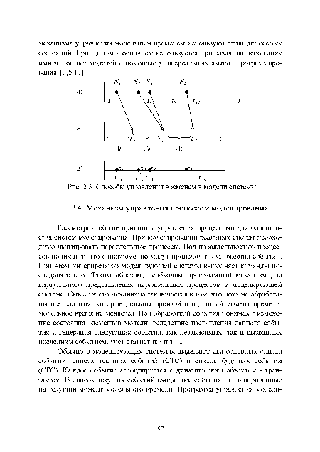Рассмотрим общие принципы управления процессами для большинства систем моделирования. При моделировании реальных систем необходимо имитировать параллельные процессы. Под параллельностью процессов понимают, что одновременно могут происходить множество событий. При этом интерпретатор моделирующей системы выполняет команды последовательно. Таким образом, необходим программный механизм для виртуального представления параллельных процессов в моделирующей системе. Смысл этого механизма заключается в том, что пока не обработаны все события, которые должны произойти в данный момент времени, модельное время не меняется. Под обработкой события понимают изменение состояния элементов модели, вследствие наступления данного события и генерация следующих событий, как независимых, так и вызванных последним событием, учет статистики и т.п..