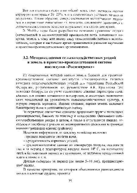 Из современных методов оценки земель базовой для проектнопроизводственной системы институтов «Росземпроекта» является методика сельскохозяйственных угодий для территории Российской Федерации, разработанная под руководством А К. Крылатова. Эта методика базируется на учете совместного влияния параметров почв, важных для оценки почвенного плодородия, и некоторых экономических показателей на урожайность сельскохозяйственных культур, в первую очередь зерновых. Иными словами, оценка земель включает бонитировку почв и экономическую оценку.